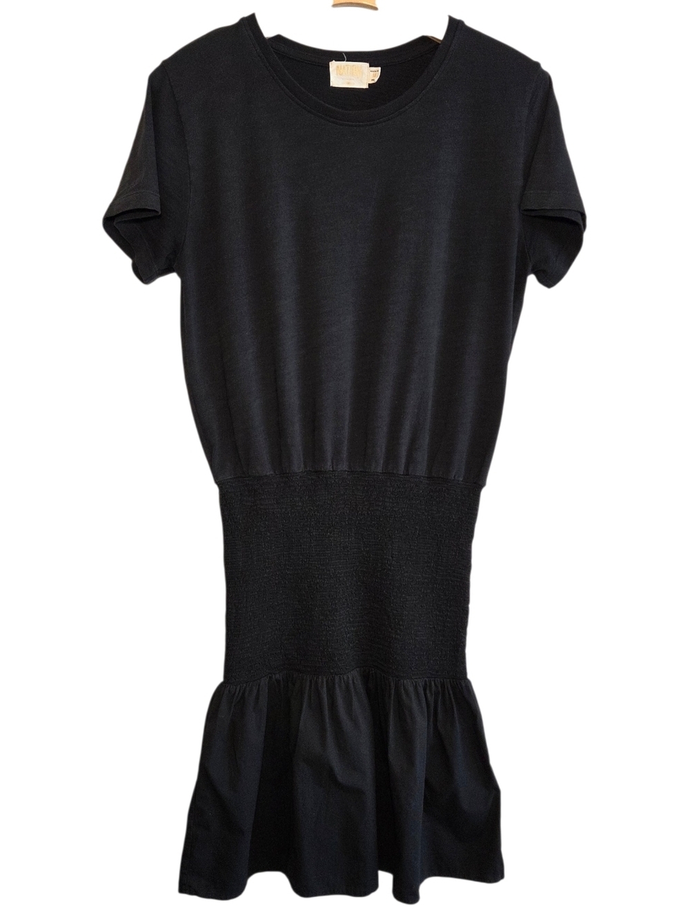 Nation LTD Black Kacy Combo Mini T-Shirt Dress Smocked Waist Casual Picnic Sz M
